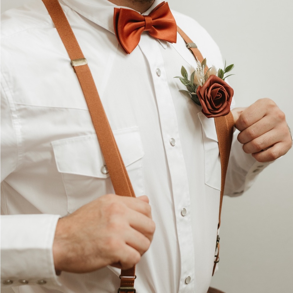 Men’s Rust Bow Tie, Boutonnière, and Suspenders Set
